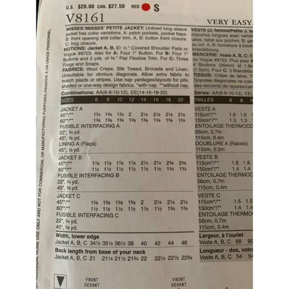 Vogue Misses Jacket Sewing Pattern V7011 Sz 6 - 12 - Uncut - Picture 7 of 10